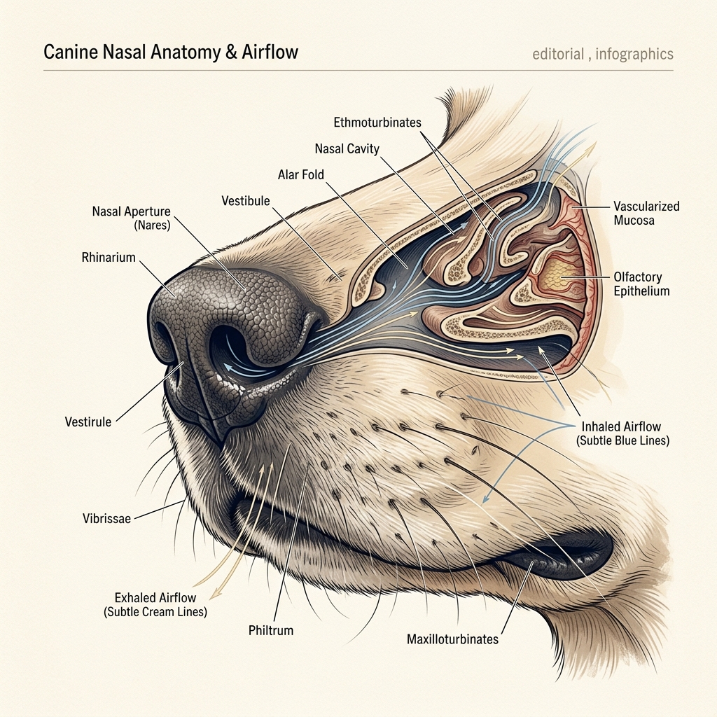Anatomisches Schaubild einer Hundenase mit Luftströmen